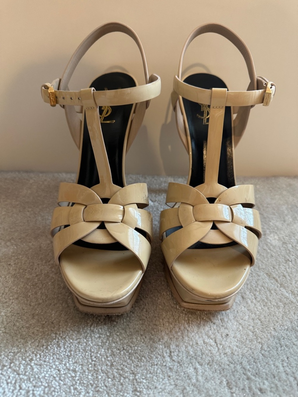 Saint Laurent Beige Patent Leather Woven T‑Strap Platform Sandals